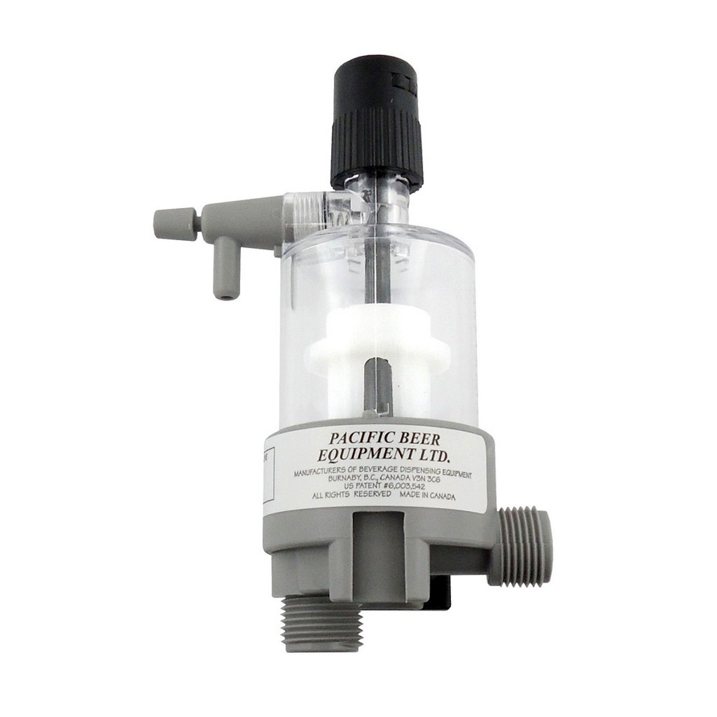 A foam preventer (FOB detector) designed for draft beer systems, featuring a transparent body, a valve at the bottom, and an adjustment knob on top.