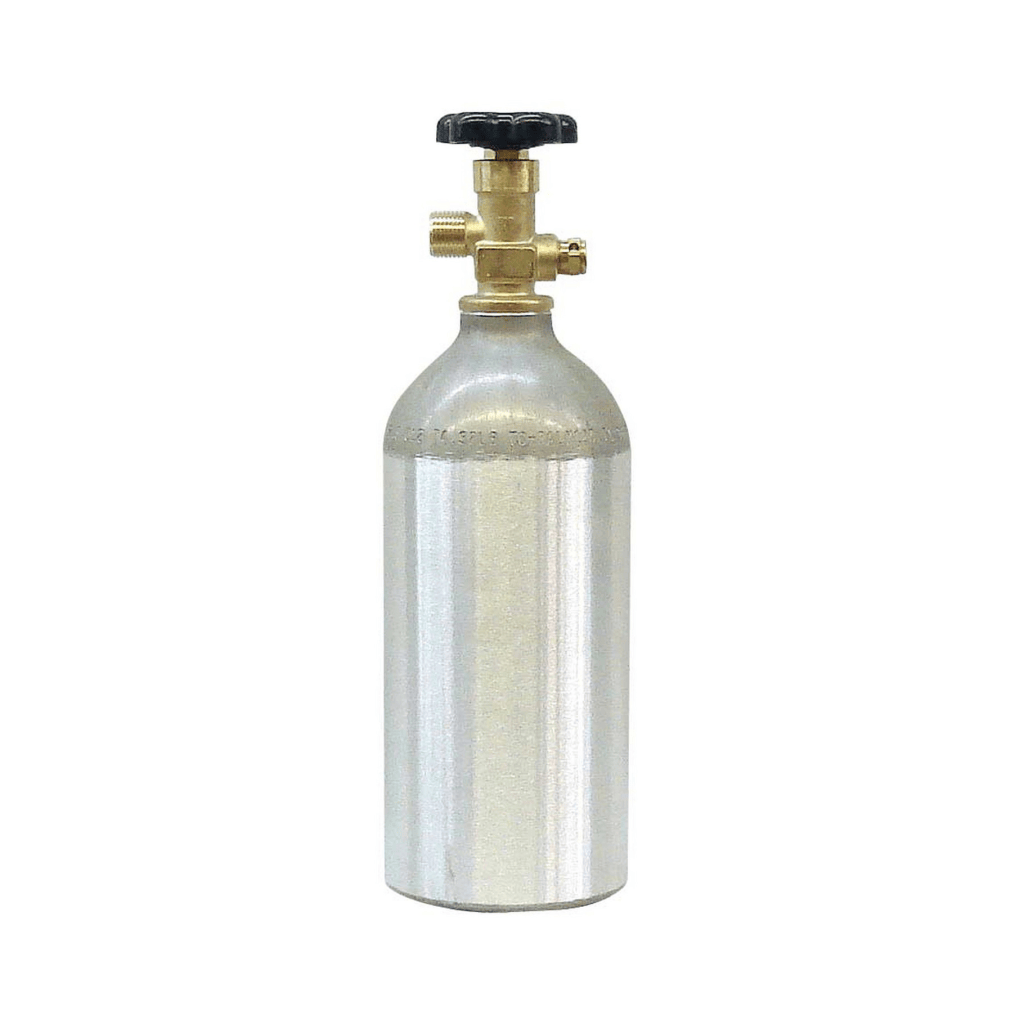 A tall aluminum gas cylinder with a valve on top, used for CO₂ or nitrogen in beverage programs.