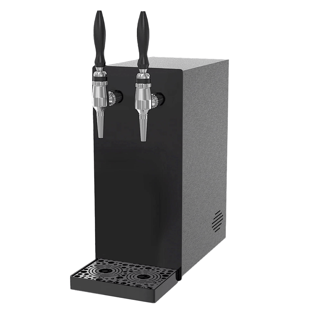 A nitro coffee dispenser with two taps, designed for infusing beverages with nitrogen, featuring a sleek black exterior and a drip tray.
